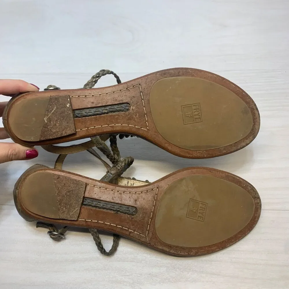 Frye Laurel Flower T Strap Sandals Brown‎ Leather Women's Size 9M